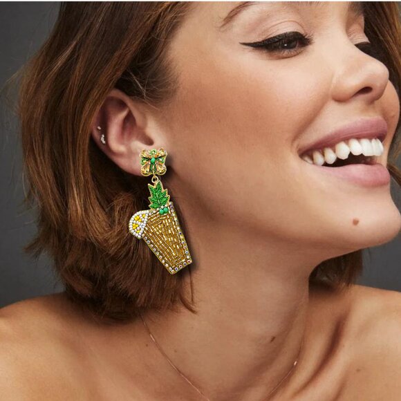 Mint Lemon Mojito Cocktail Seed Bead & Crystal Summer Resort Party Earrings NEW - Picture 2 of 4